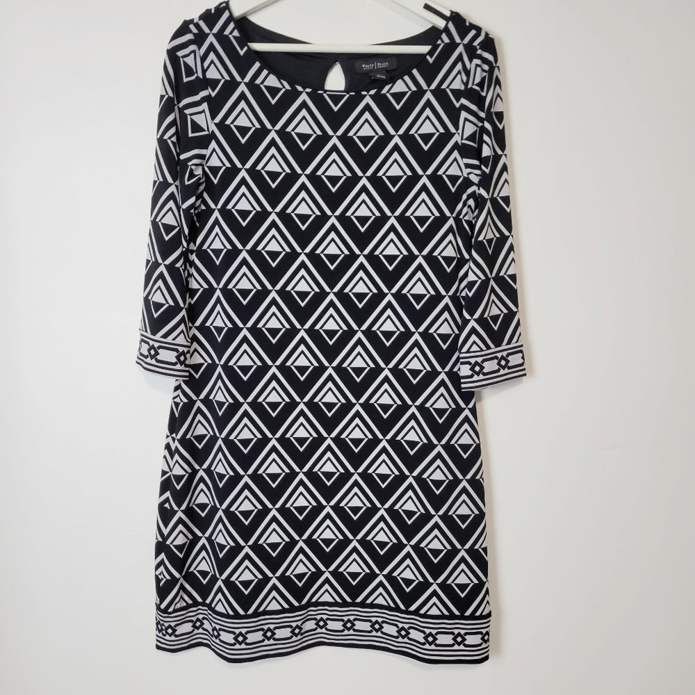 White House Black Market Geometric Print Lined Shift Dress Black White S…